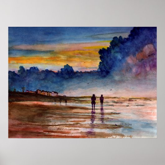 Stormy Sunset Beach Combing Waterverf Seascape Poster (Voorkant)