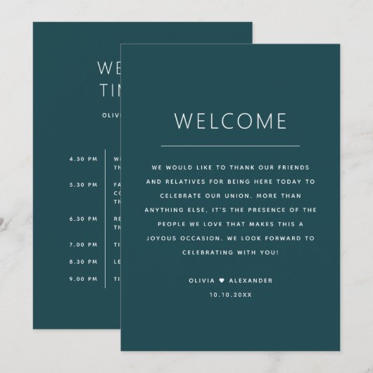 Stormy Teal Wedding Timeline | Elegant Schedule Kaart (Voorkant / Achterkant)