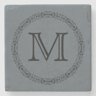 Stormy Weather Slate Grey Solid Color Monogram Stenen Onderzetter