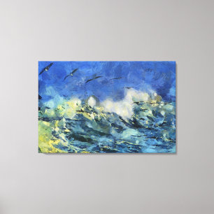 Stormy Zee met zeegarens in blauw en geel Canvas Afdruk