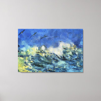 Stormy Zee met zeegarens in blauw en geel Canvas Afdruk