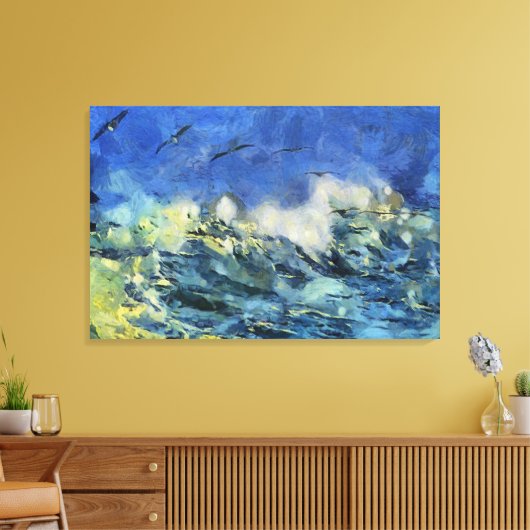 Stormy Zee met zeegarens in blauw en geel Canvas Afdruk (Insitu (Woonkamer))