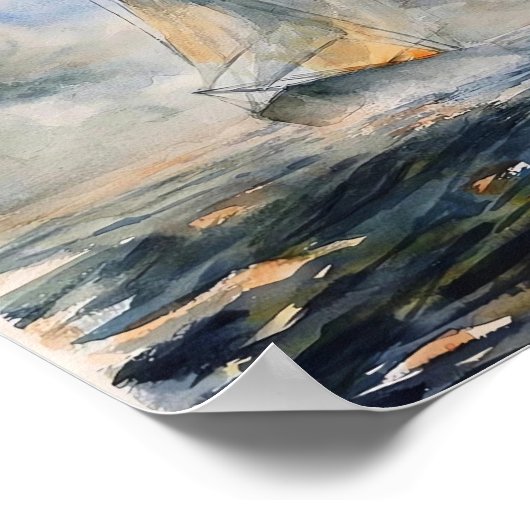 Stormy Zeeen Sailboat Waterverf Art Poster (Hoek)