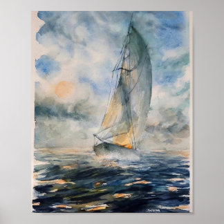 Stormy Zeeen Sailboat Waterverf Art Poster