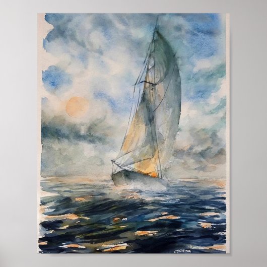Stormy Zeeen Sailboat Waterverf Art Poster (Voorkant)