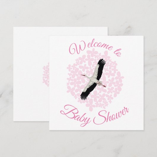 Stortel en roze bloemen Welkom in Baby shower Feestdagenkaart (Voorkant / Achterkant)