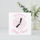Stortel en roze bloemen Welkom in Baby shower Feestdagenkaart (Staand voorkant)