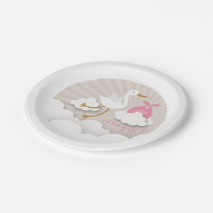 Stortel + wolken met roze bundel Baby shower Papieren Bordje