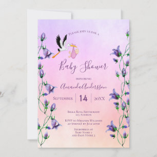 Stortmeisje roze violet paars floreel baby shower kaart