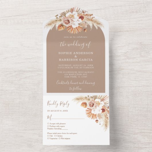 Stortstaartroep Boho Pampas Grass Wedding All In One Uitnodiging (Binnen)