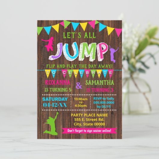 Stortverjaardagstrampoline gecombineerd roze feest kaart (Staand voorkant)