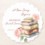 Story book new chapter bridal shower favors kartonnen onderzetters<br><div class="desc">Verhaalboek nieuw hoofdstuk vrijgezellenfeest monogram bedrukt papier onderzetters sjabloon gepersonaliseerd servies,  boeken lezen thema vrijgezellenfeest gunsten gepersonaliseerde tafel decor,  waterverf stapel boeken en blush rozen casual handschrift lettertype vrijgezellenfeest thema voor boekwormen aangepaste onderzetters</div>