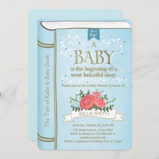 Storybook Baby shower uitnodiging Boy Blue (Voorkant / Achterkant)