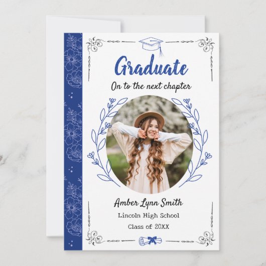 Storybook Blooms Afstuderen Fotokaart, Royal Blue Kaart (Voorkant)