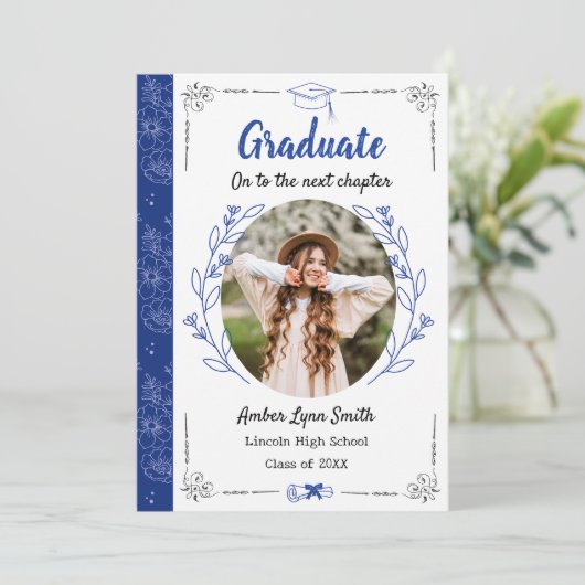 Storybook Blooms Afstuderen Fotokaart, Royal Blue Kaart (Staand voorkant)