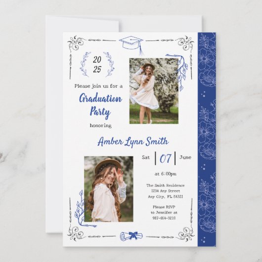 Storybook Blooms Afstuderen Fotokaart, Royal Blue Kaart (Achterkant)