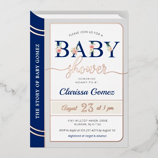 Storybook Book Hoesje Baby Boy Shower Royal Blue Folie Uitnodiging (Voorkant)