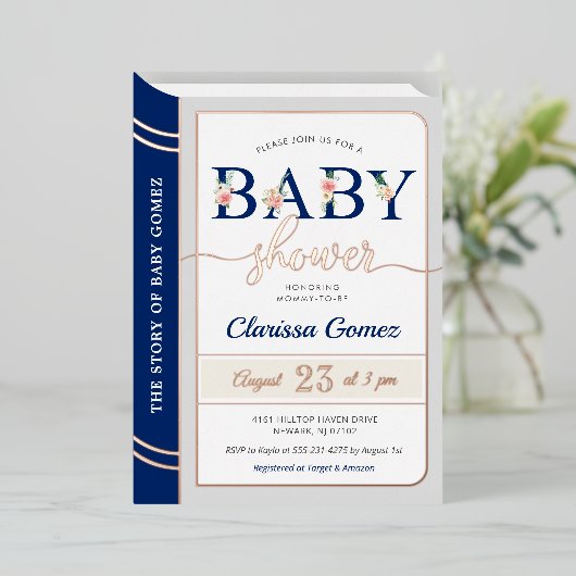 Storybook Book Hoesje Baby Boy Shower Royal Blue Folie Uitnodiging (Staand Voorkant)