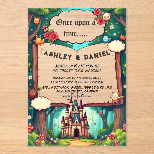 Storybook Forest Woodland Castle Sprookjeshuwelijk Acryl Uitnodigingen (Voorkant)