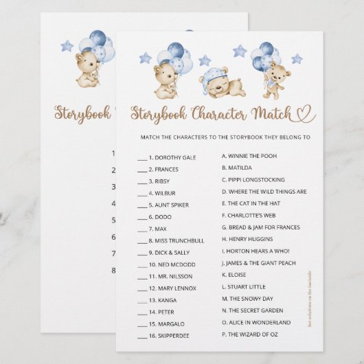 Storybook Karakter Match Beer Boy Baby shower (Voorkant / Achterkant)