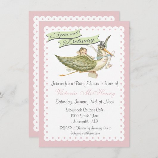  Storybook Stork Baby Shower-uitnodigingen Kaart (Voorkant / Achterkant)