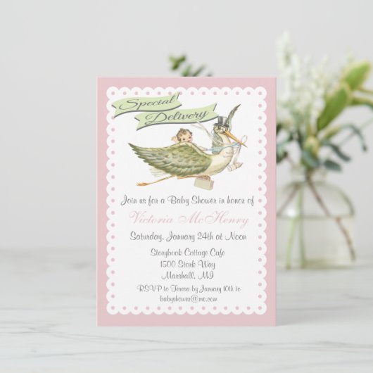  Storybook Stork Baby Shower-uitnodigingen Kaart (Staand voorkant)