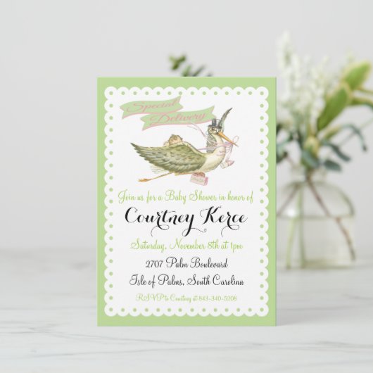  Storybook Stork Baby Shower-uitnodigingen Kaart (Staand voorkant)