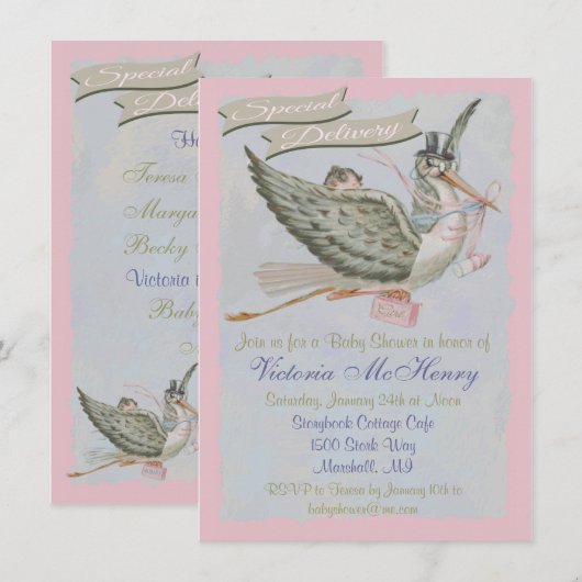 Storybook Stork Baby Shower-uitnodigingen Kaart (Voorkant / Achterkant)