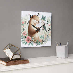 Storybook Woodland Baby's Otter en Vogel Vierkante Klok