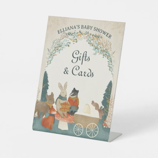 Storybook Woodland Friends Baby shower Cadeau Reclamebord Met Voetstuk (Voorkant)