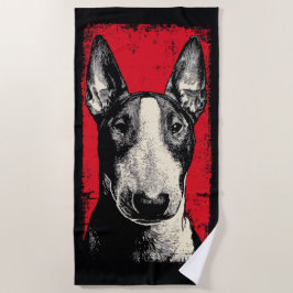 Stout Bull Terrier Portret Rode Achtergrond Strandlaken