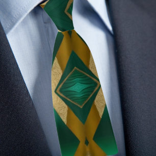 Stout diamantpatroon in goud en smaragd stropdas