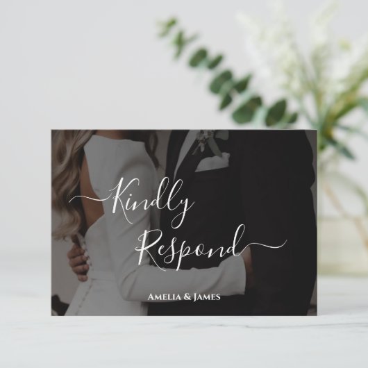 Stout modern zwart-wit foto-huwelijks-RSVP  RSVP Kaartje (Staand voorkant)