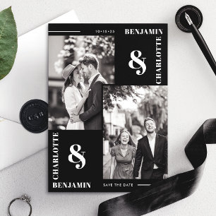 Stout Moderne Zwarte Tweefoto Save-the-Datekaart Save The Date