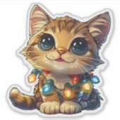 Stoute Abessijnse Kat in Kerstverlichting Sticker (Voorkant)