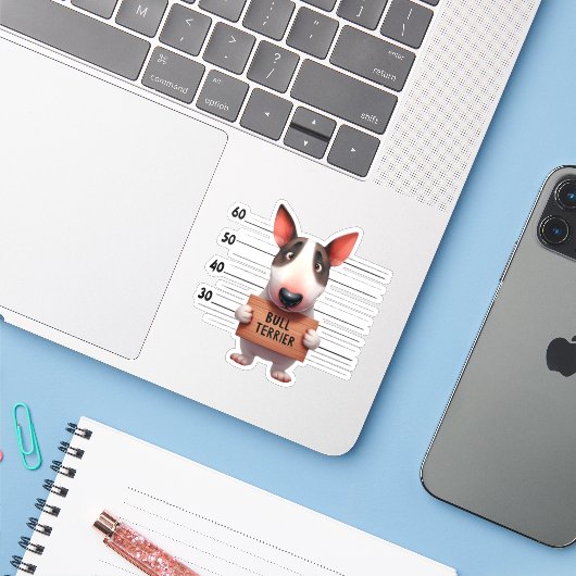 Stoute Bull Terrier Sticker (Laptop met iPhone)
