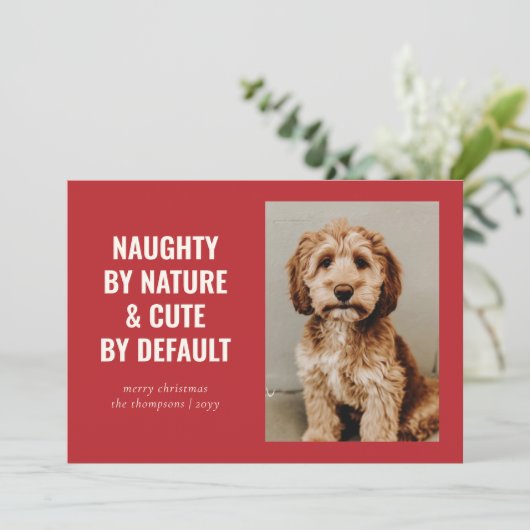 Stoute en Schattigee Funny Dog Kerstfoto Feestdagenkaart (Staand voorkant)