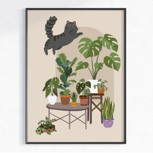 Stoute Grijze Lapjeskat & Monstera Jungle Poster