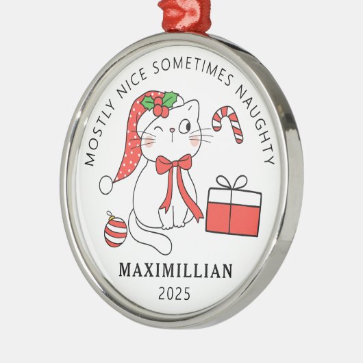 Stoute kat met kerstmis metalen ornament (Links)