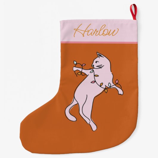 Stoute kat roze kerst grote kerstsok (Achterkant)