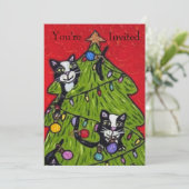 Stoute katten klimmen kerstboom rood groen kaart (Staand voorkant)