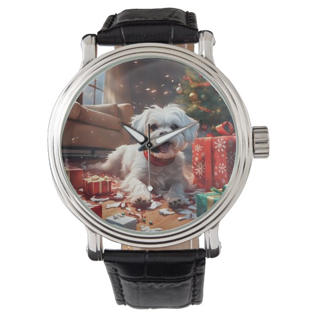 Stoute kerstpuppy, Schattige, grappig, Cartoon Horloge (Voorkant)