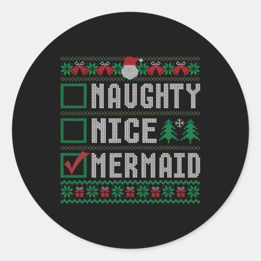 Stoute Leuke Zeemeermin Kerstlijst Lelijke Trui 1 Ronde Sticker (Voorkant)