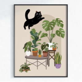 Stoute Zwarte Kat & Monstera Jungle Poster