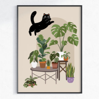 Stoute Zwarte Kat & Monstera Jungle Poster
