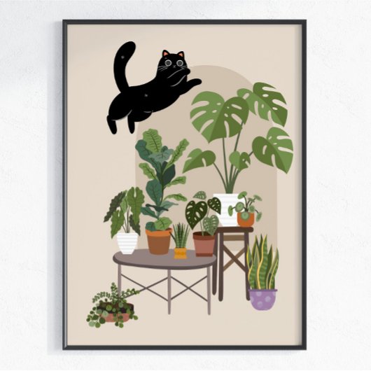 Stoute Zwarte Kat & Monstera Jungle Poster