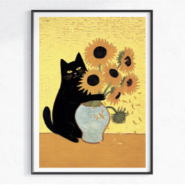 Stoute Zwarte Kat Zonnebloem Schilderstijl Poster