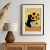 Stoute Zwarte Kat Zonnebloem Schilderstijl Poster