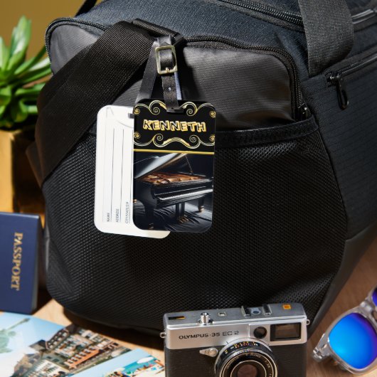 Stoutmoedige Piano Art op Stijlvol Zwart Bagagelabel (Voorkant & Achterkant)