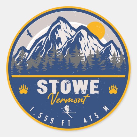 Stowe Mountain Vermont Retro Sunset Ski Souvenir Ronde Sticker (Voorkant)